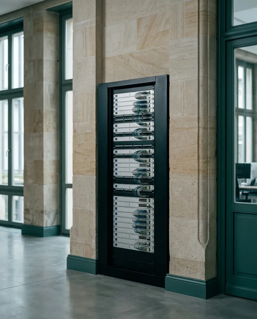 UniFi network rack with neatly arranged switches and cabling against a sandstone wall